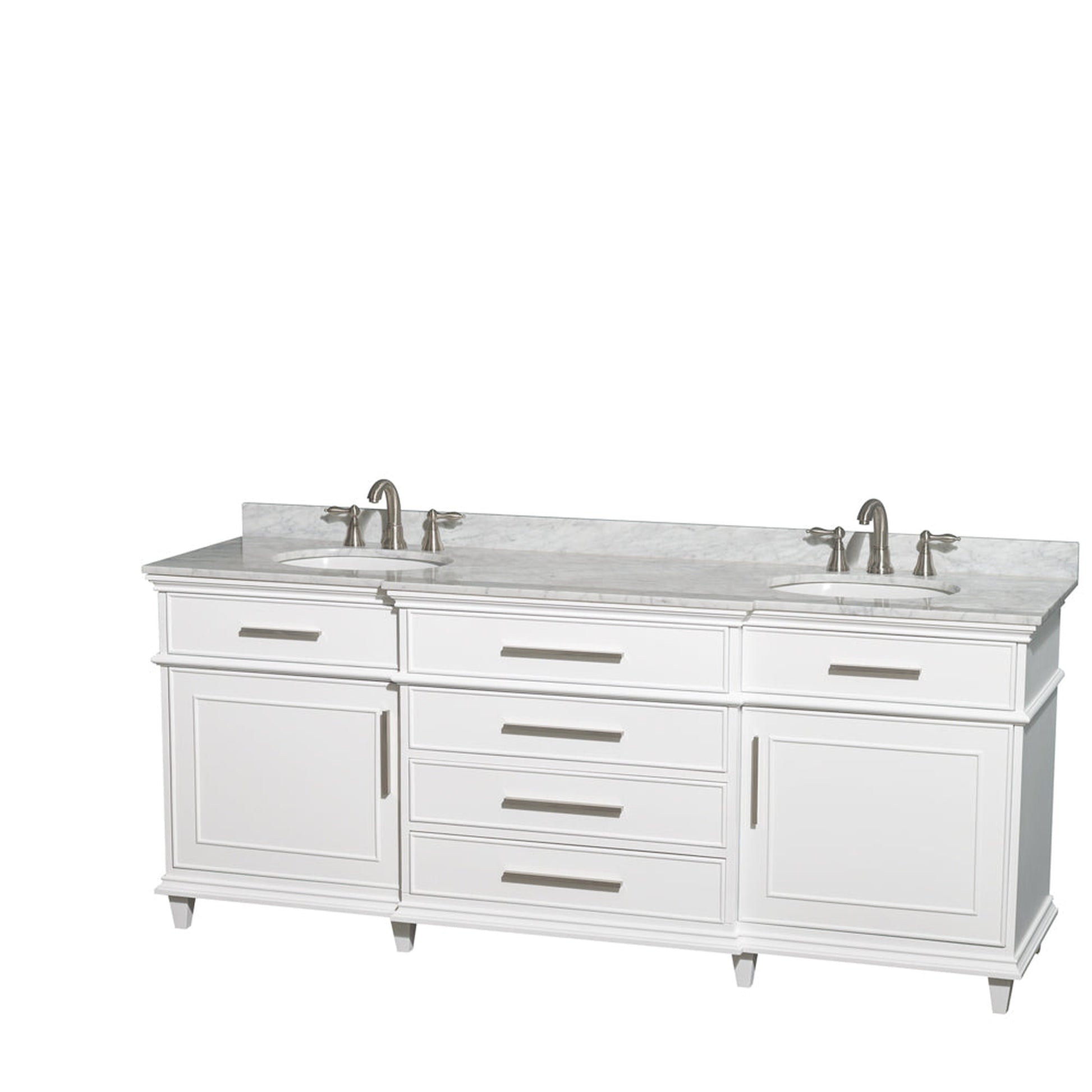 Wyndham Collection Berkeley 80" Double Bathroom Vanity in White, White Carrara Marble Top, White Undermount Oval Sink and No Mirror