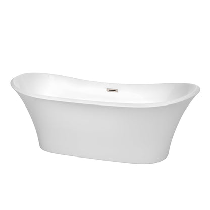 Wyndham Collection Bolera 71" Freestanding Bathtub in White With Brushed Nickel Drain and Overflow Trim