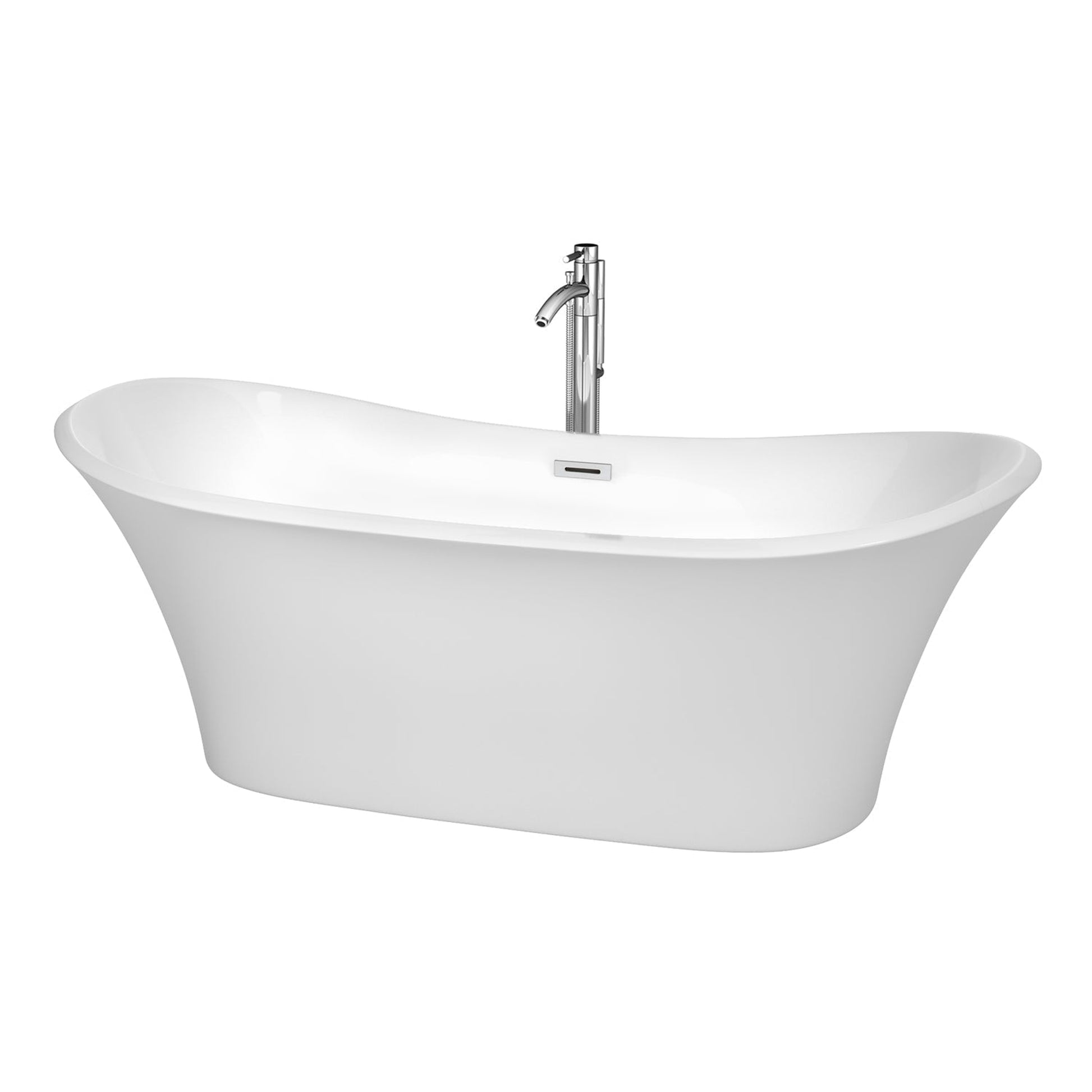 Wyndham Collection Bolera 71" Freestanding Bathtub in White With Floor Mounted Faucet, Drain and Overflow Trim in Brushed Nickel