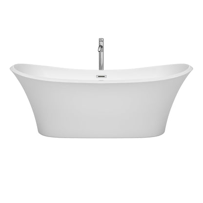 Wyndham Collection Bolera 71" Freestanding Bathtub in White With Floor Mounted Faucet, Drain and Overflow Trim in Brushed Nickel