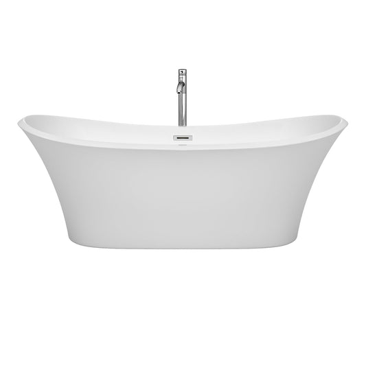 Wyndham Collection Bolera 71" Freestanding Bathtub in White With Floor Mounted Faucet, Drain and Overflow Trim in Brushed Nickel