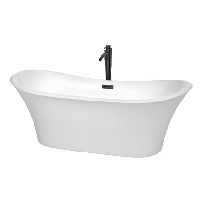 Wyndham Collection Bolera 71" Freestanding Bathtub in White With Floor Mounted Faucet, Drain and Overflow Trim in Matte Black