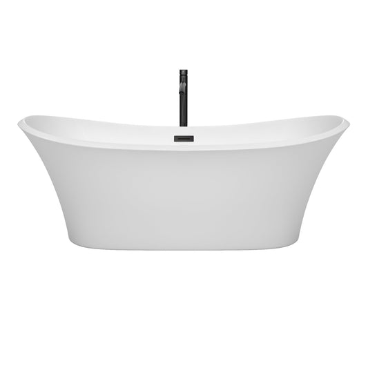 Wyndham Collection Bolera 71" Freestanding Bathtub in White With Floor Mounted Faucet, Drain and Overflow Trim in Matte Black