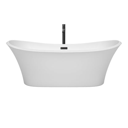 Wyndham Collection Bolera 71" Freestanding Bathtub in White With Floor Mounted Faucet, Drain and Overflow Trim in Matte Black