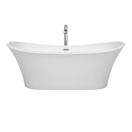 Wyndham Collection Bolera 71" Freestanding Bathtub in White With Floor Mounted Faucet, Drain and Overflow Trim in Polished Chrome