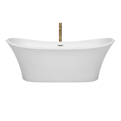 Wyndham Collection Bolera 71" Freestanding Bathtub in White With Polished Chrome Trim and Floor Mounted Faucet in Brushed Gold