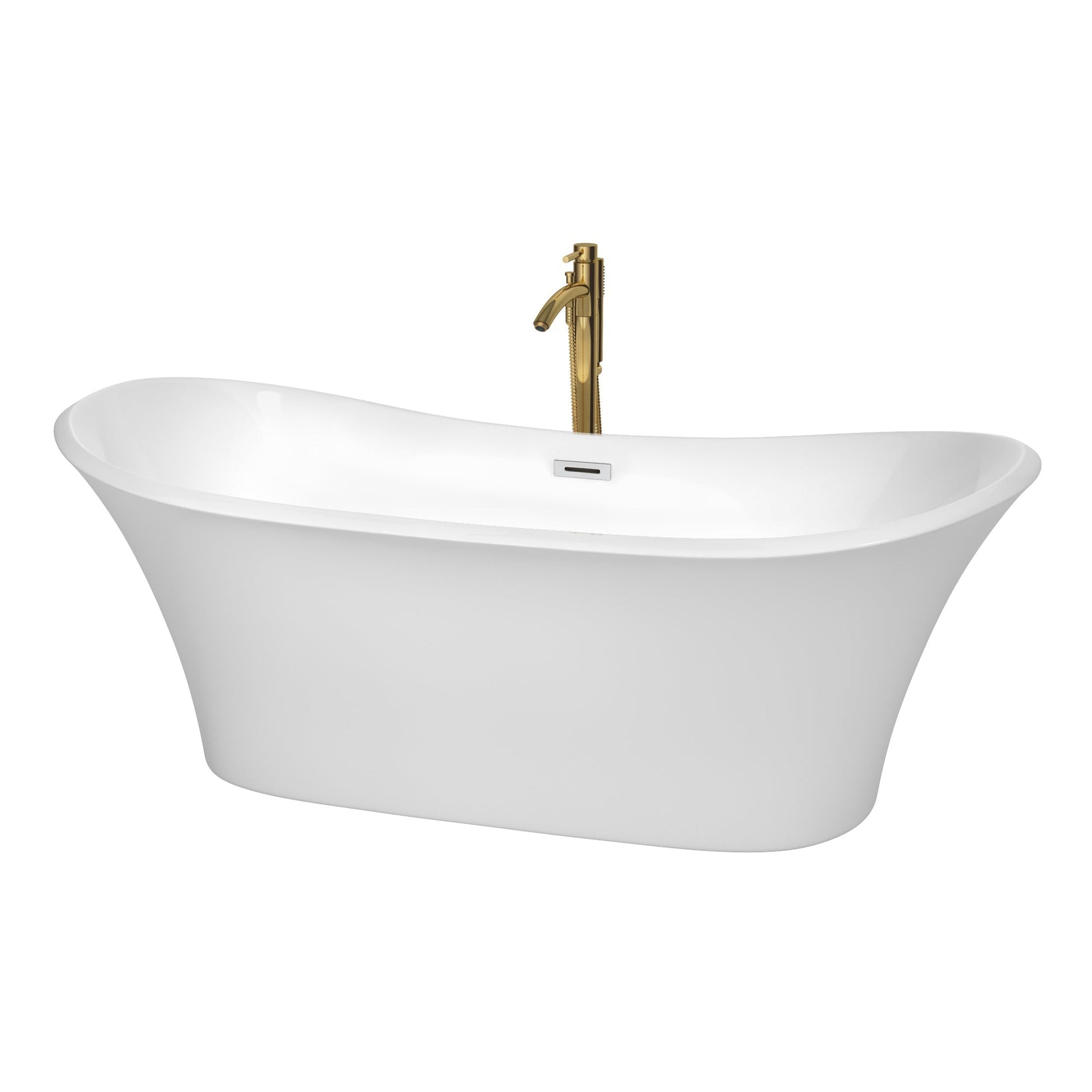 Wyndham Collection Bolera 71" Freestanding Bathtub in White With Polished Chrome Trim and Floor Mounted Faucet in Brushed Gold