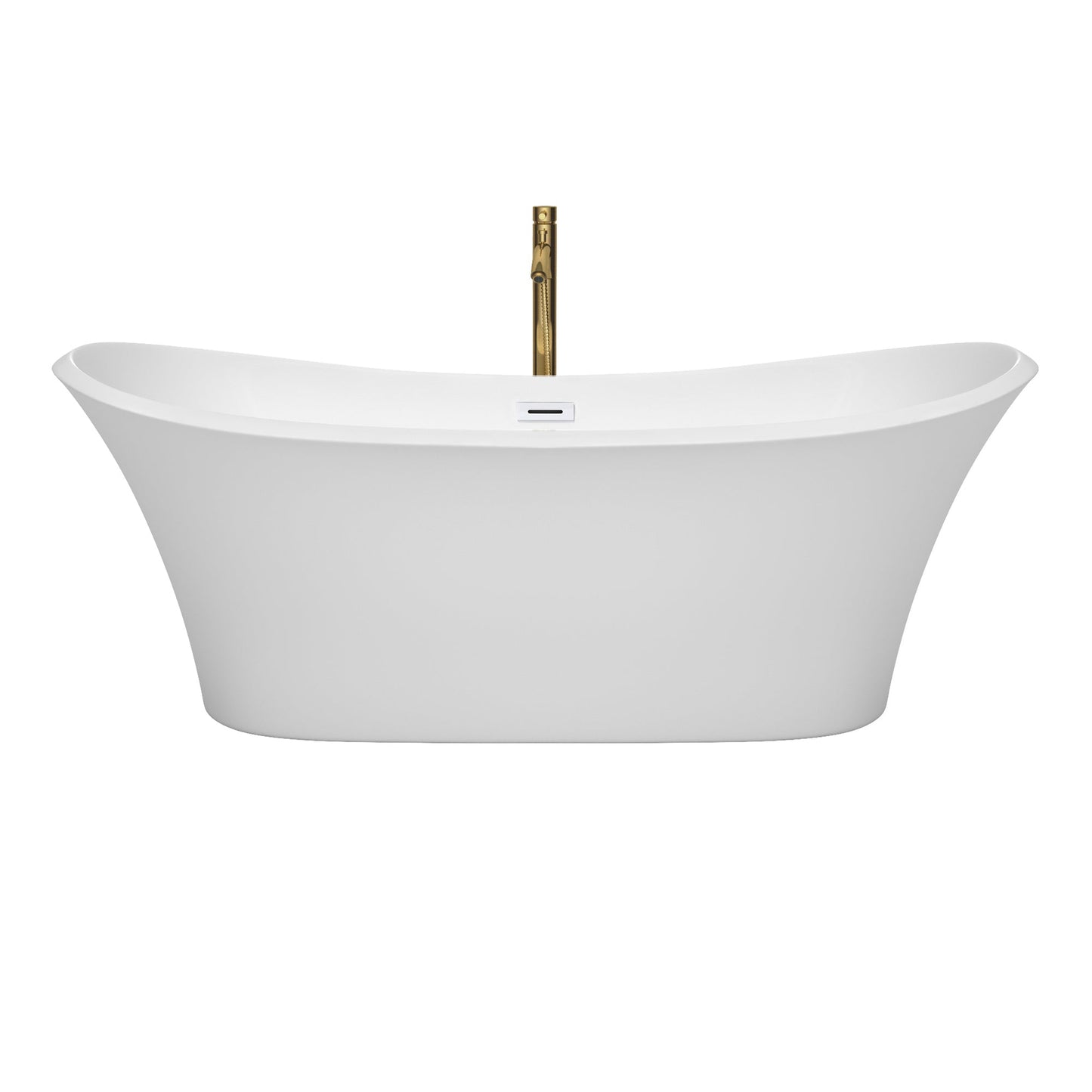 Wyndham Collection Bolera 71" Freestanding Bathtub in White With Shiny White Trim and Floor Mounted Faucet in Brushed Gold