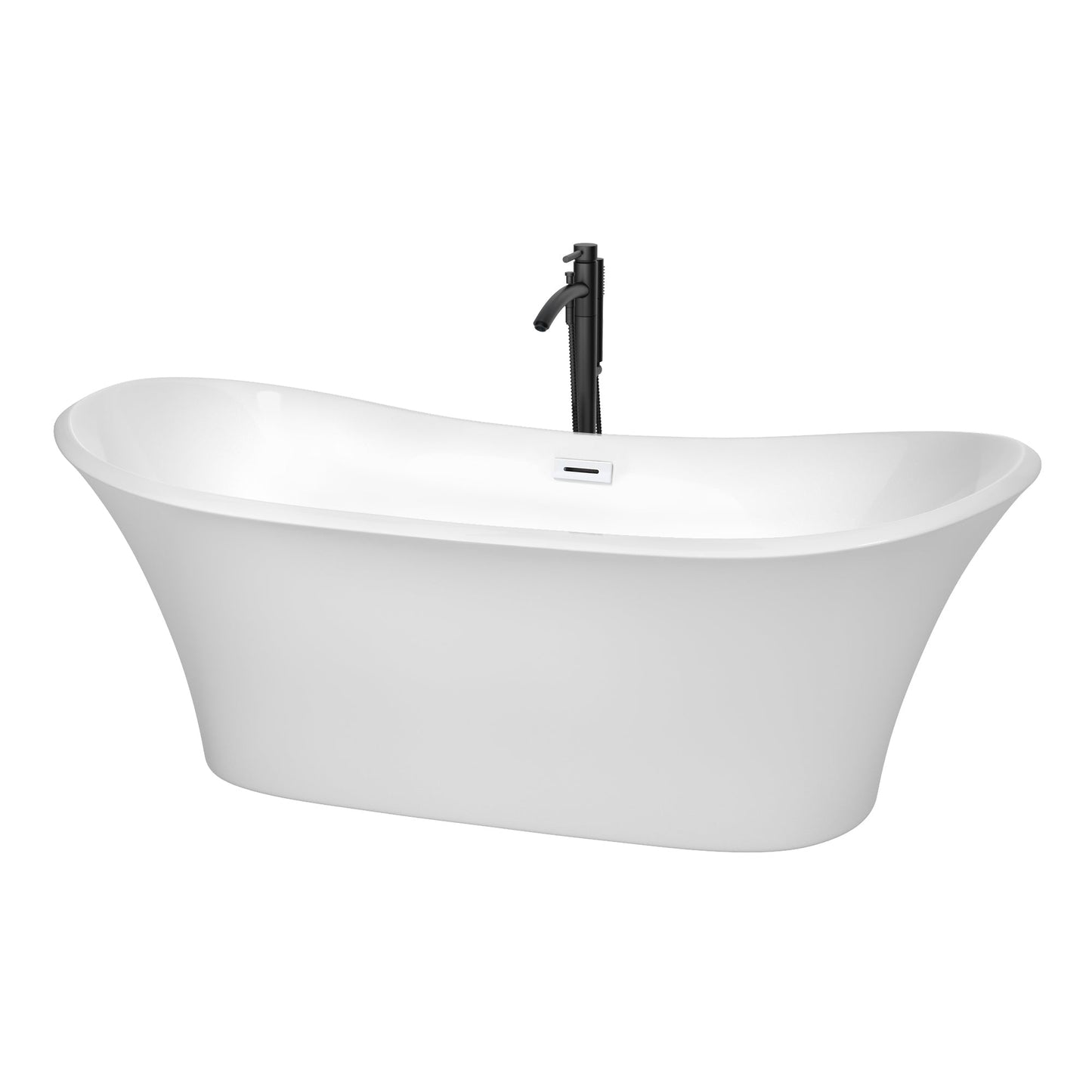 Wyndham Collection Bolera 71" Freestanding Bathtub in White With Shiny White Trim and Floor Mounted Faucet in Matte Black