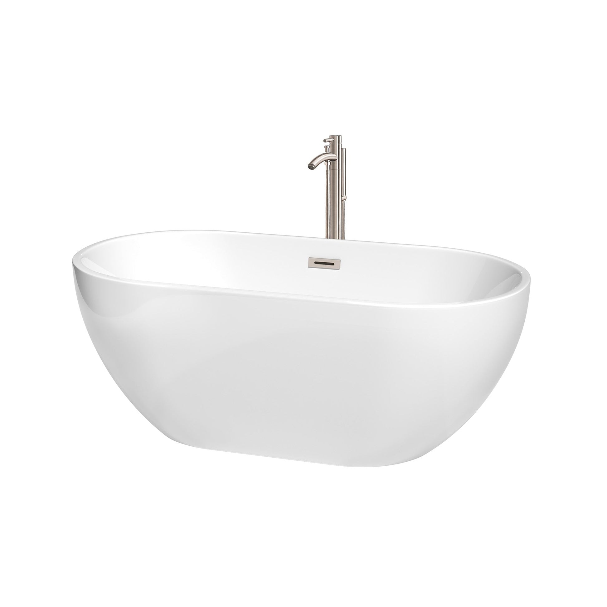 Wyndham Collection Brooklyn 60" Freestanding Bathtub in White With Floor Mounted Faucet, Drain and Overflow Trim in Brushed Nickel