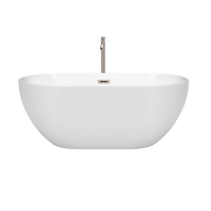 Wyndham Collection Brooklyn 60" Freestanding Bathtub in White With Floor Mounted Faucet, Drain and Overflow Trim in Brushed Nickel