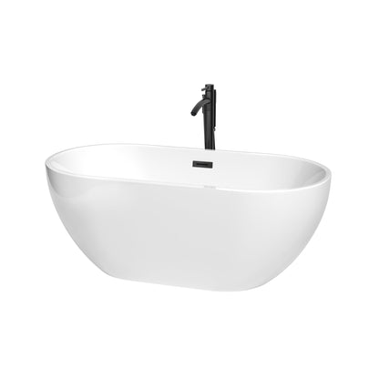 Wyndham Collection Brooklyn 60" Freestanding Bathtub in White With Floor Mounted Faucet, Drain and Overflow Trim in Matte Black