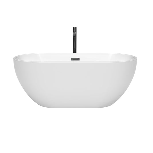 Wyndham Collection Brooklyn 60" Freestanding Bathtub in White With Floor Mounted Faucet, Drain and Overflow Trim in Matte Black