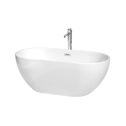 Wyndham Collection Brooklyn 60" Freestanding Bathtub in White With Floor Mounted Faucet, Drain and Overflow Trim in Polished Chrome