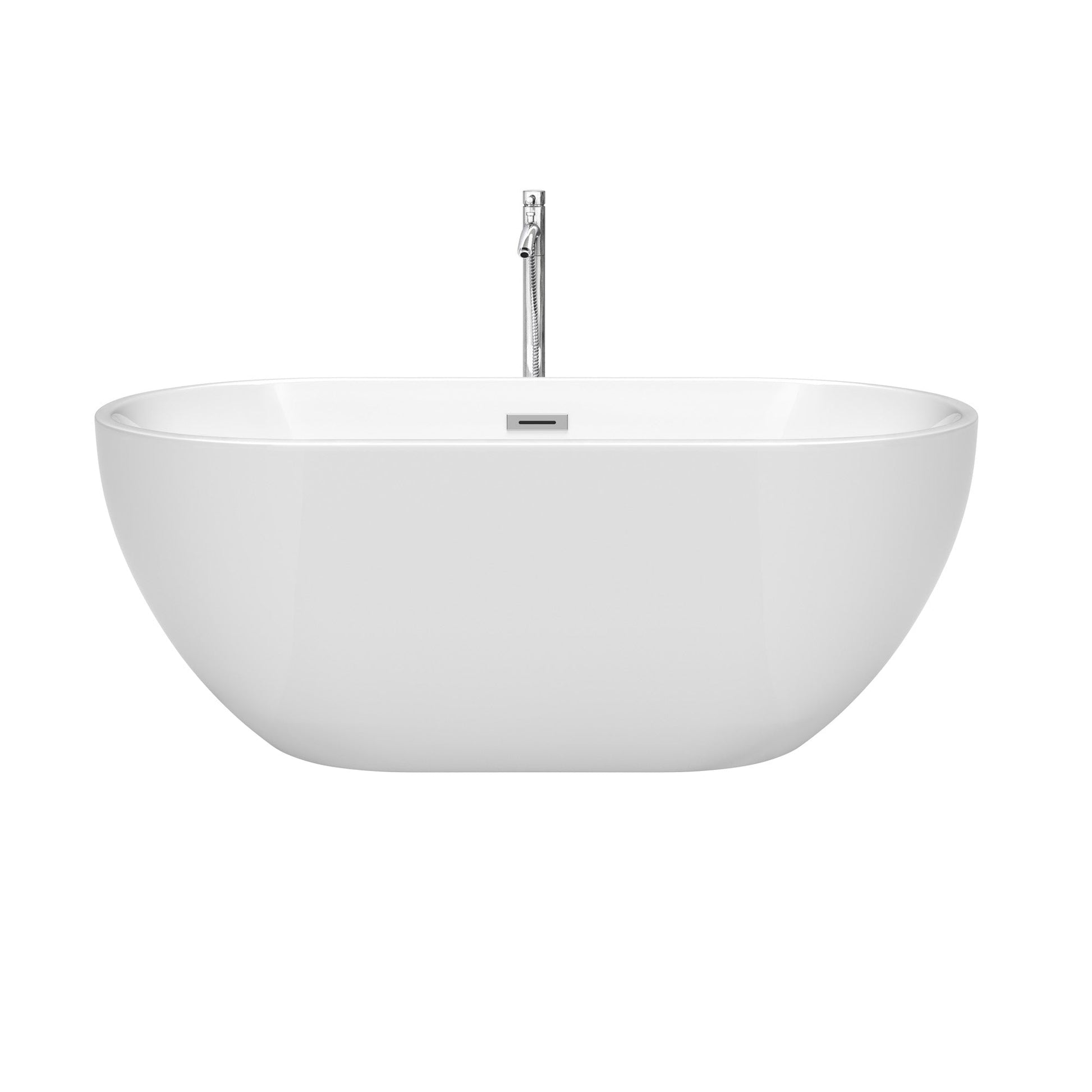 Wyndham Collection Brooklyn 60" Freestanding Bathtub in White With Floor Mounted Faucet, Drain and Overflow Trim in Polished Chrome