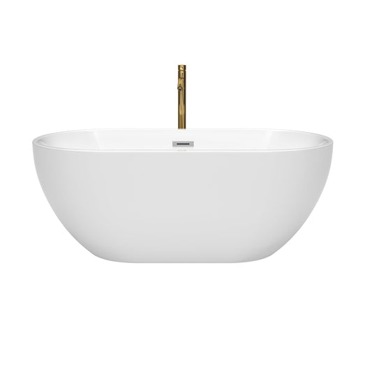 Wyndham Collection Brooklyn 60" Freestanding Bathtub in White With Polished Chrome Trim and Floor Mounted Faucet in Brushed Gold