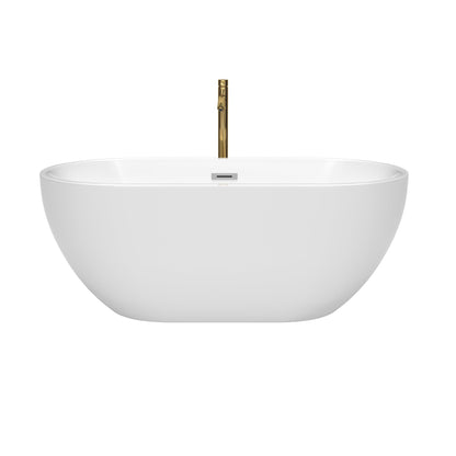 Wyndham Collection Brooklyn 60" Freestanding Bathtub in White With Polished Chrome Trim and Floor Mounted Faucet in Brushed Gold