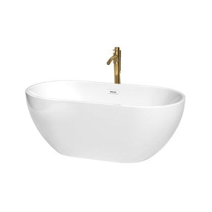 Wyndham Collection Brooklyn 60" Freestanding Bathtub in White With Shiny White Trim and Floor Mounted Faucet in Brushed Gold