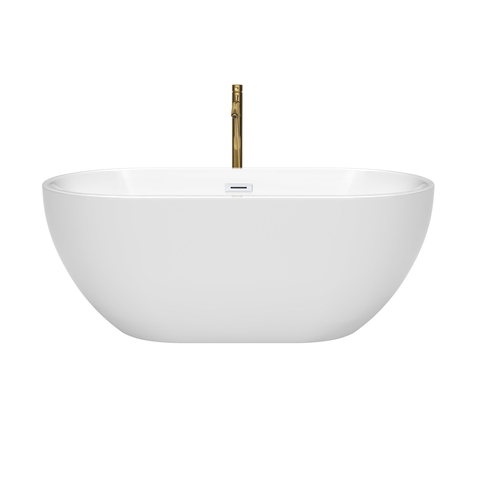 Wyndham Collection Brooklyn 60" Freestanding Bathtub in White With Shiny White Trim and Floor Mounted Faucet in Brushed Gold