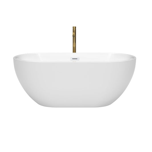 Wyndham Collection Brooklyn 60" Freestanding Bathtub in White With Shiny White Trim and Floor Mounted Faucet in Brushed Gold