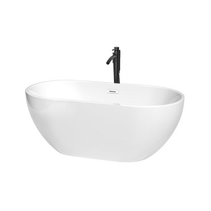 Wyndham Collection Brooklyn 60" Freestanding Bathtub in White With Shiny White Trim and Floor Mounted Faucet in Matte Black