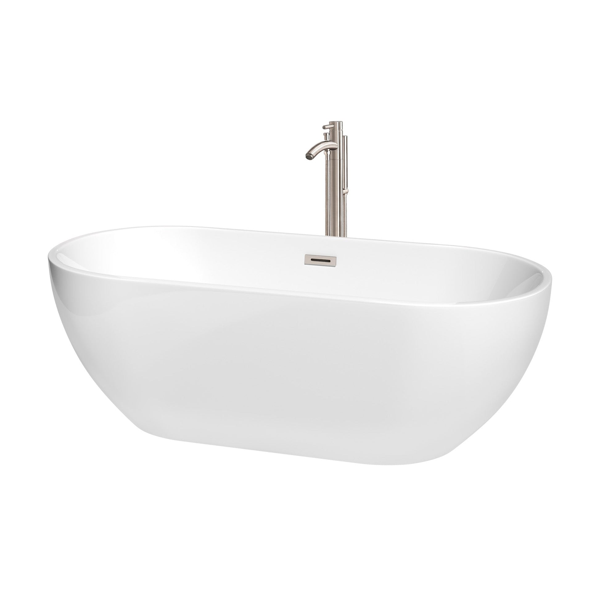 Wyndham Collection Brooklyn 67" Freestanding Bathtub in White With Floor Mounted Faucet, Drain and Overflow Trim in Brushed Nickel