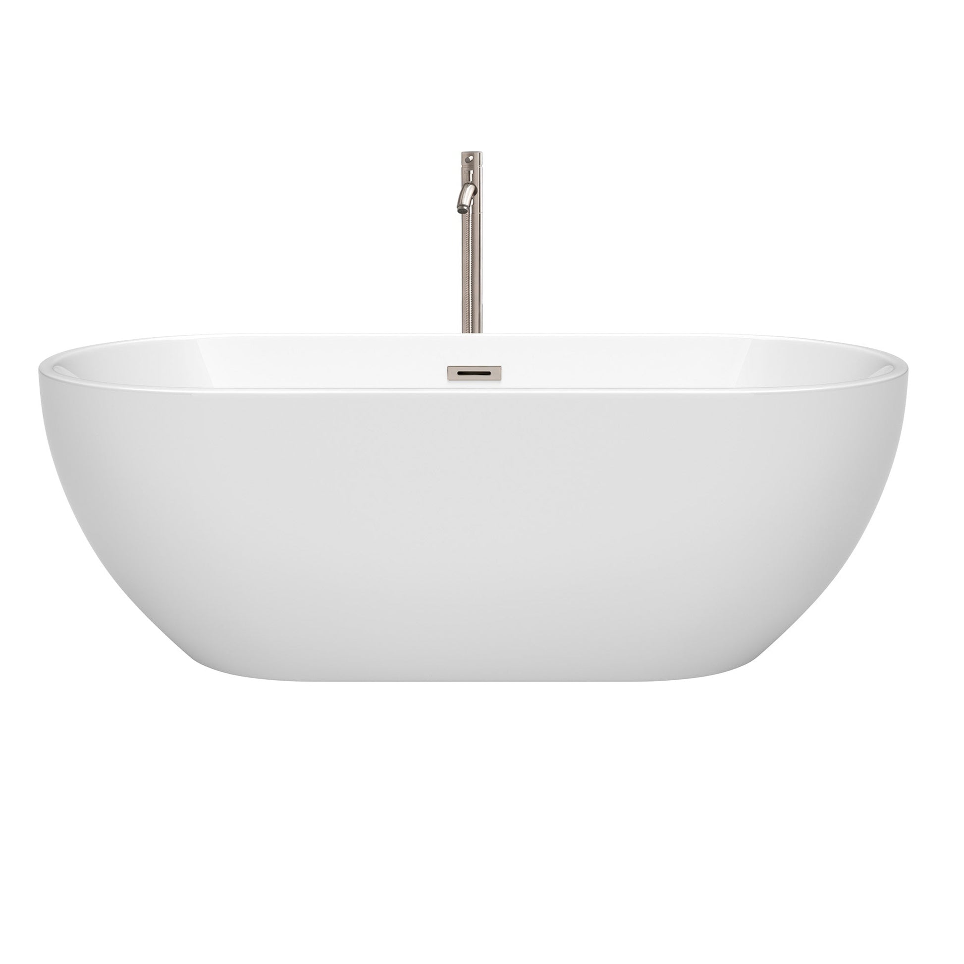 Wyndham Collection Brooklyn 67" Freestanding Bathtub in White With Floor Mounted Faucet, Drain and Overflow Trim in Brushed Nickel