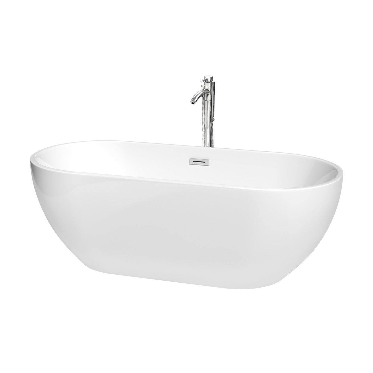 Wyndham Collection Brooklyn 67" Freestanding Bathtub in White With Floor Mounted Faucet, Drain and Overflow Trim in Polished Chrome