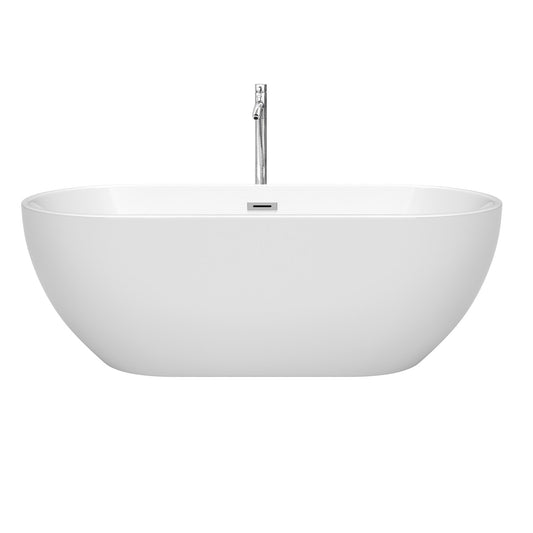 Wyndham Collection Brooklyn 67" Freestanding Bathtub in White With Floor Mounted Faucet, Drain and Overflow Trim in Polished Chrome