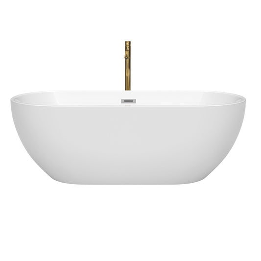 Wyndham Collection Brooklyn 67" Freestanding Bathtub in White With Polished Chrome Trim and Floor Mounted Faucet in Brushed Gold