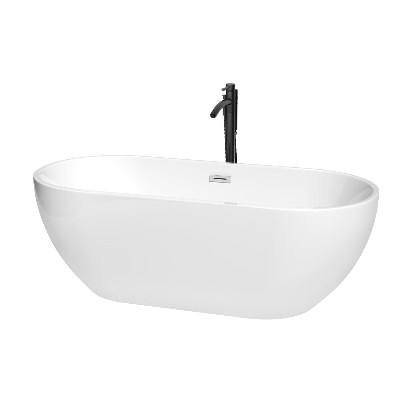 Wyndham Collection Brooklyn 67" Freestanding Bathtub in White With Polished Chrome Trim and Floor Mounted Faucet in Matte Black