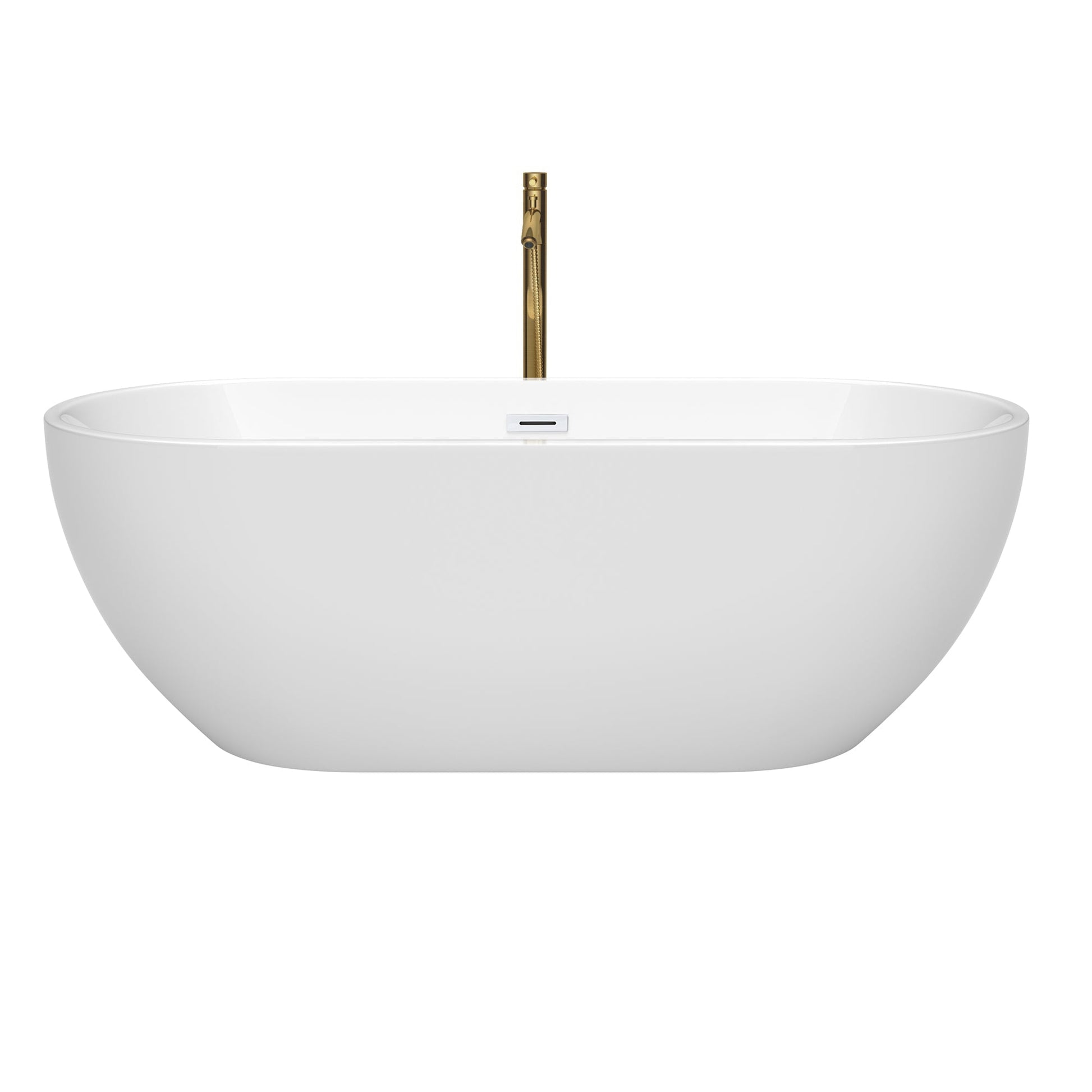 Wyndham Collection Brooklyn 67" Freestanding Bathtub in White With Shiny White Trim and Floor Mounted Faucet in Brushed Gold