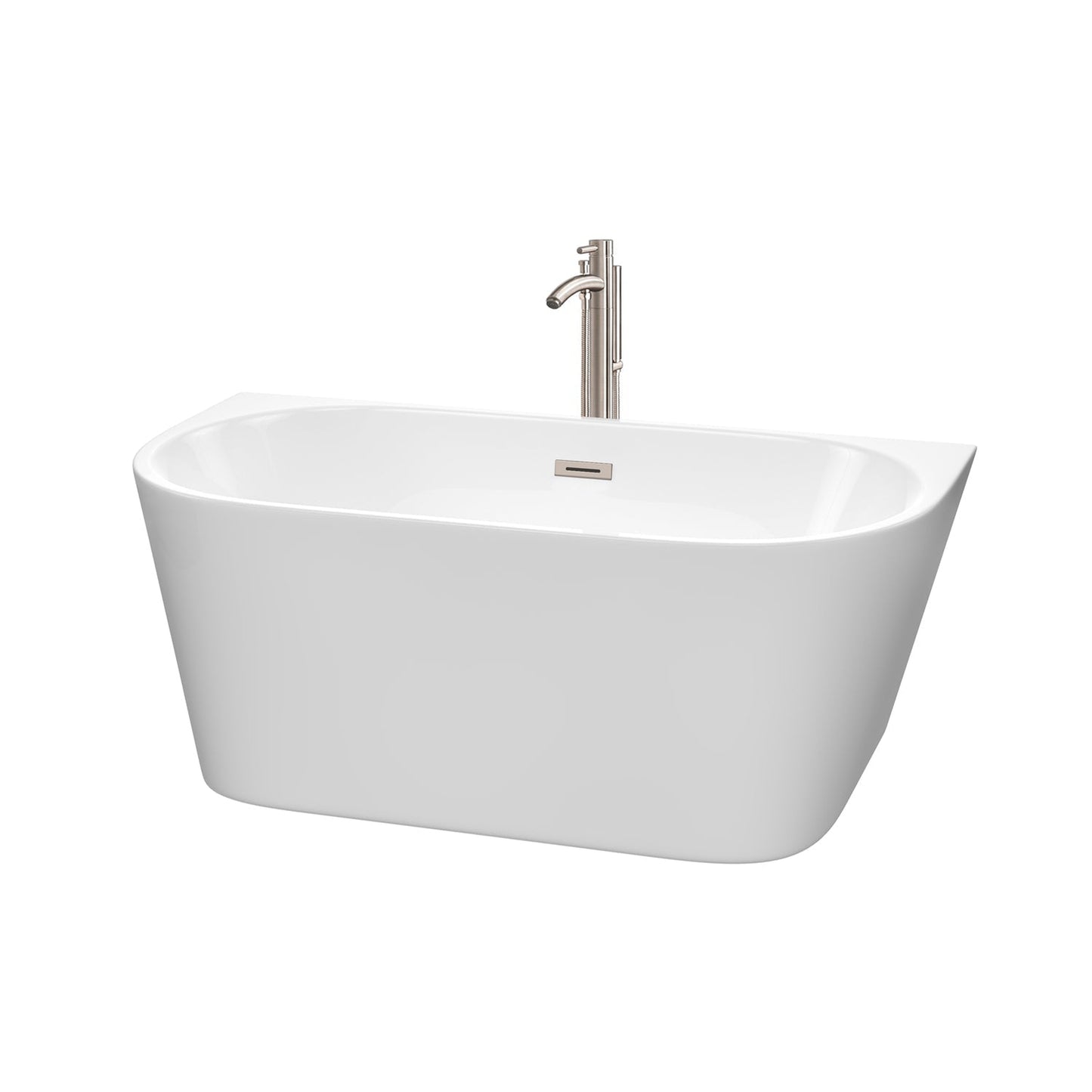 Wyndham Collection Callie 59" Freestanding Bathtub in White With Floor Mounted Faucet, Drain and Overflow Trim in Brushed Nickel