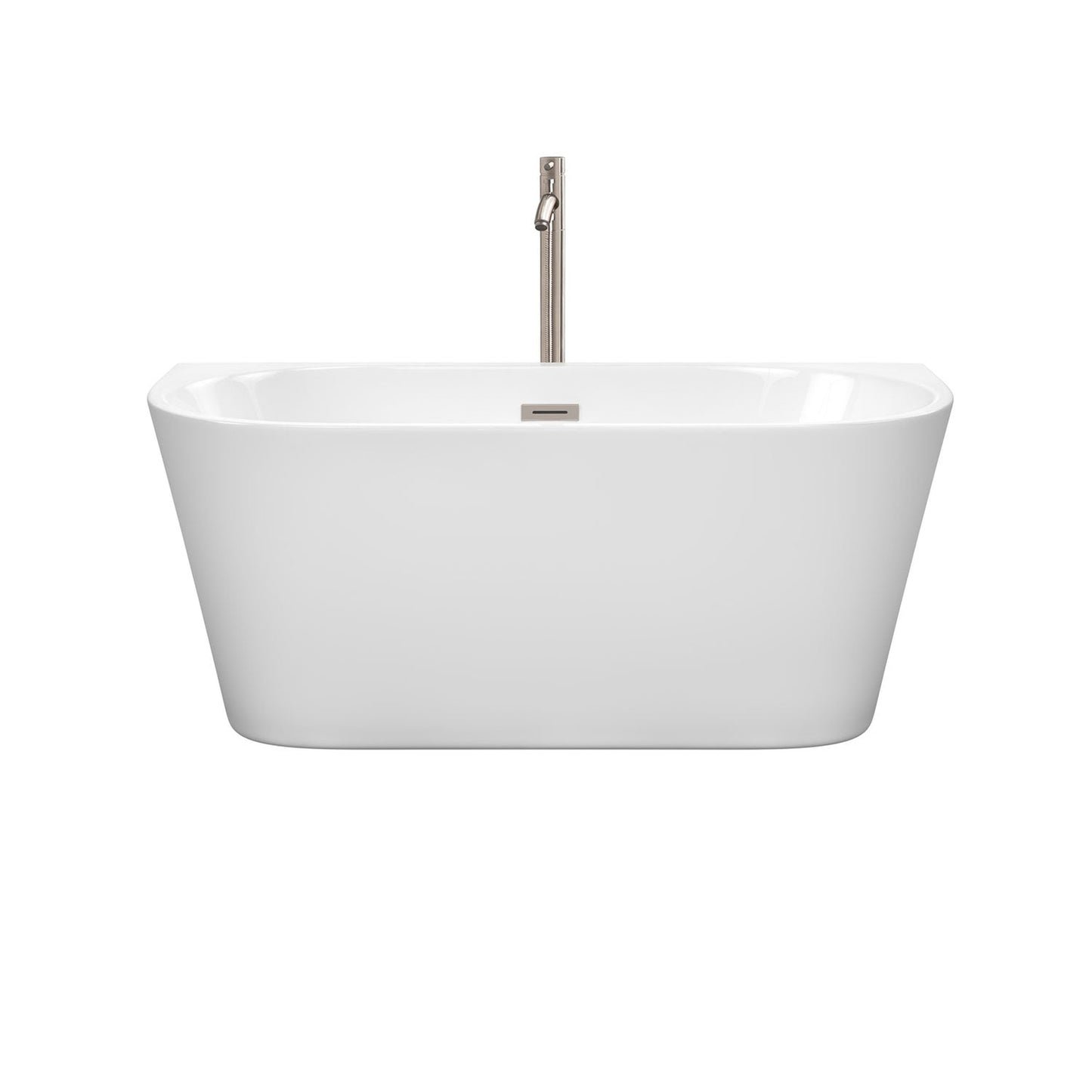Wyndham Collection Callie 59" Freestanding Bathtub in White With Floor Mounted Faucet, Drain and Overflow Trim in Brushed Nickel