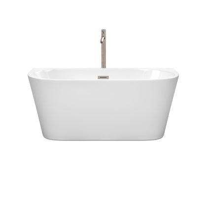 Wyndham Collection Callie 59" Freestanding Bathtub in White With Floor Mounted Faucet, Drain and Overflow Trim in Brushed Nickel