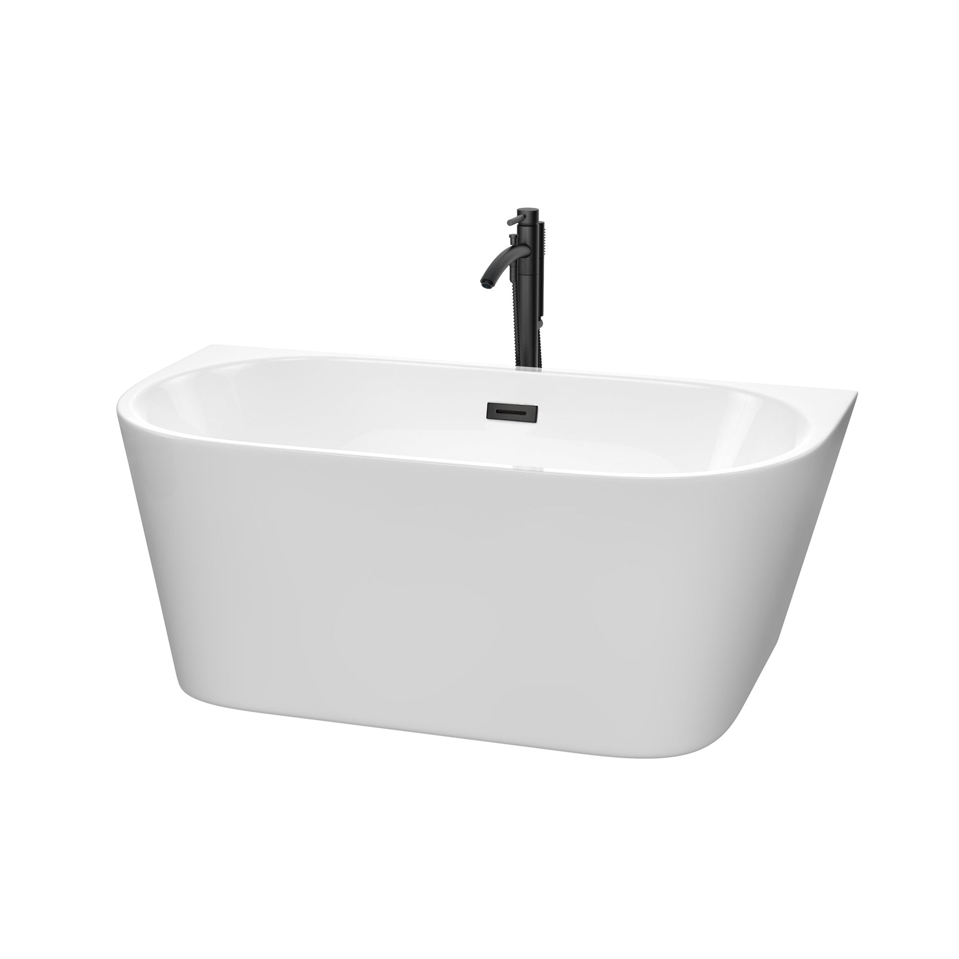 Wyndham Collection Callie 59" Freestanding Bathtub in White With Floor Mounted Faucet, Drain and Overflow Trim in Matte Black