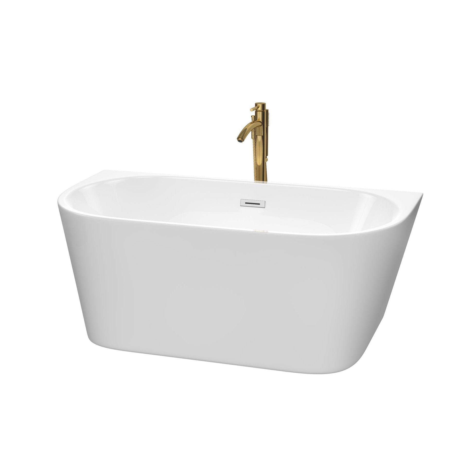 Wyndham Collection Callie 59" Freestanding Bathtub in White With Polished Chrome Trim and Floor Mounted Faucet in Brushed Gold