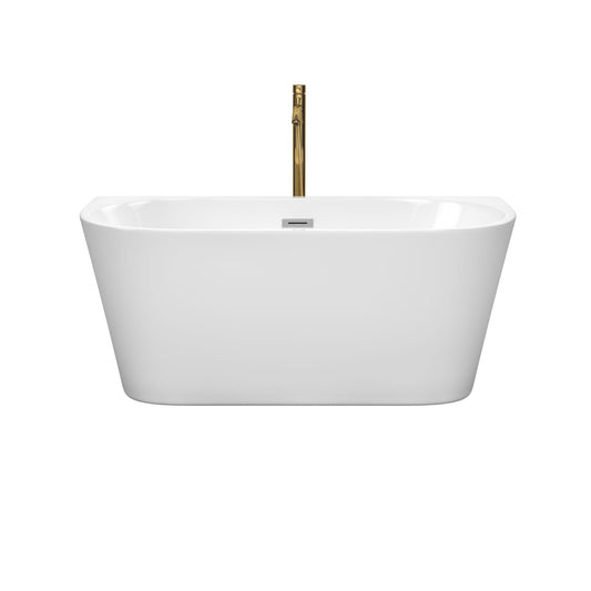 Wyndham Collection Callie 59" Freestanding Bathtub in White With Polished Chrome Trim and Floor Mounted Faucet in Brushed Gold