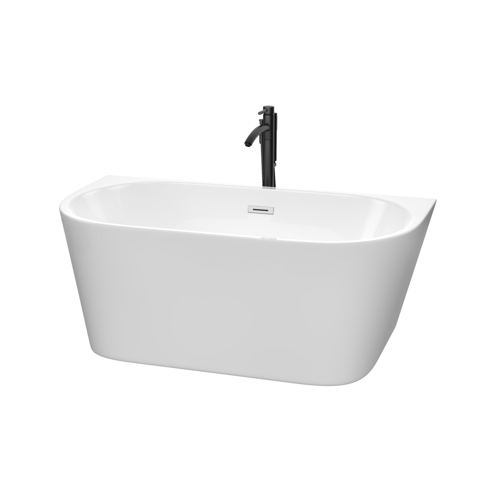 Wyndham Collection Callie 59" Freestanding Bathtub in White With Polished Chrome Trim and Floor Mounted Faucet in Matte Black