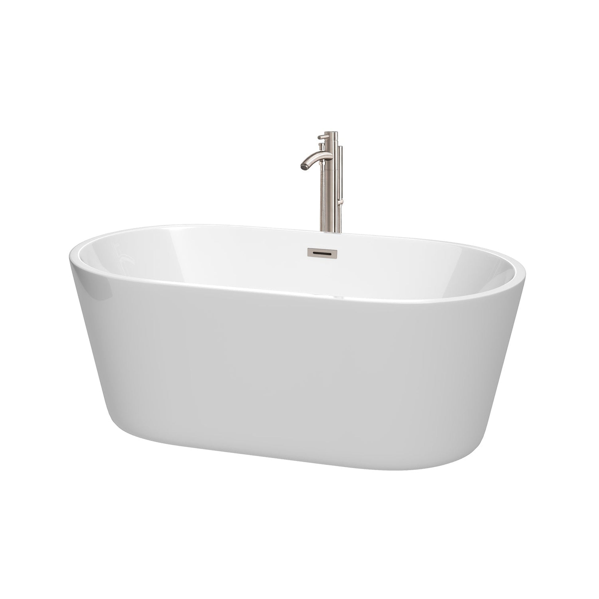 Wyndham Collection Carissa 60" Freestanding Bathtub in White With Floor Mounted Faucet, Drain and Overflow Trim in Brushed Nickel