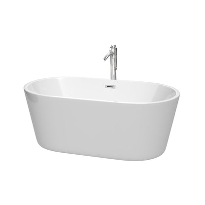 Wyndham Collection Carissa 60" Freestanding Bathtub in White With Floor Mounted Faucet, Drain and Overflow Trim in Polished Chrome