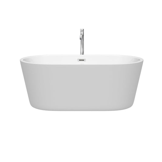 Wyndham Collection Carissa 60" Freestanding Bathtub in White With Floor Mounted Faucet, Drain and Overflow Trim in Polished Chrome
