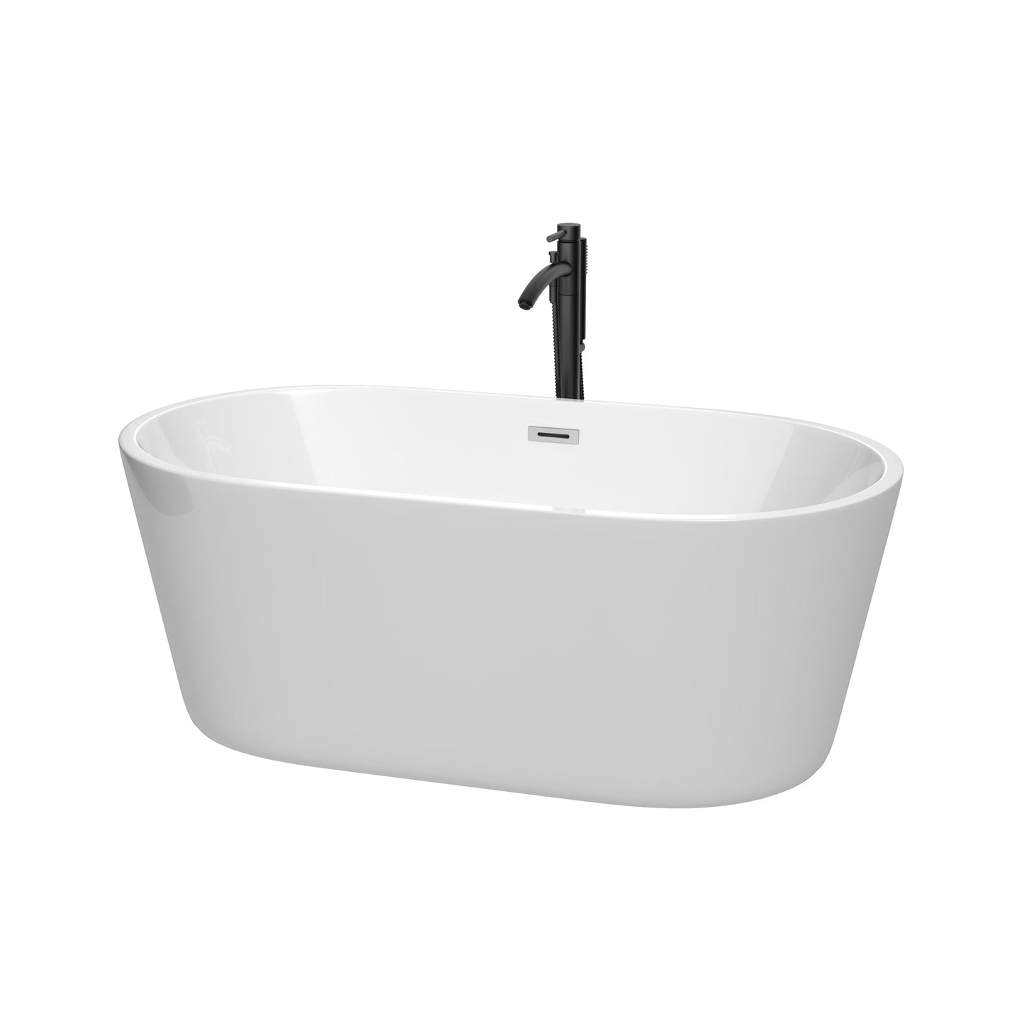 Wyndham Collection Carissa 60" Freestanding Bathtub in White With Polished Chrome Trim and Floor Mounted Faucet in Matte Black