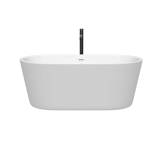 Wyndham Collection Carissa 60" Freestanding Bathtub in White With Shiny White Trim and Floor Mounted Faucet in Matte Black