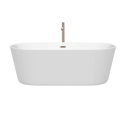 Wyndham Collection Carissa 67" Freestanding Bathtub in White With Floor Mounted Faucet, Drain and Overflow Trim in Brushed Nickel