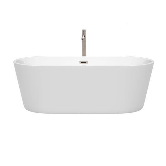 Wyndham Collection Carissa 67" Freestanding Bathtub in White With Floor Mounted Faucet, Drain and Overflow Trim in Brushed Nickel