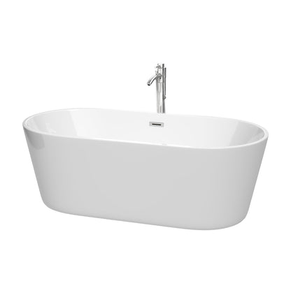 Wyndham Collection Carissa 67" Freestanding Bathtub in White With Floor Mounted Faucet, Drain and Overflow Trim in Polished Chrome