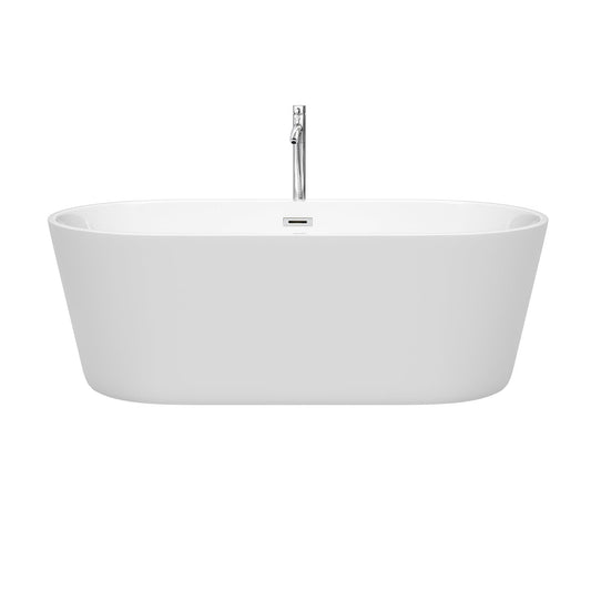 Wyndham Collection Carissa 67" Freestanding Bathtub in White With Floor Mounted Faucet, Drain and Overflow Trim in Polished Chrome