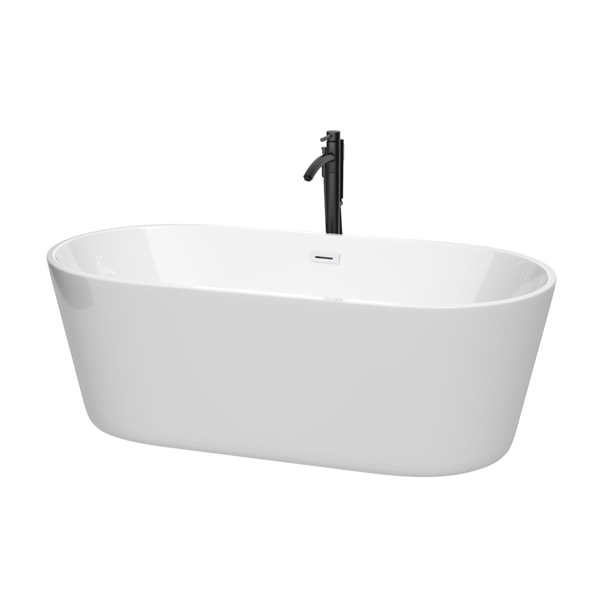 Wyndham Collection Carissa 67" Freestanding Bathtub in White With Shiny White Trim and Floor Mounted Faucet in Matte Black