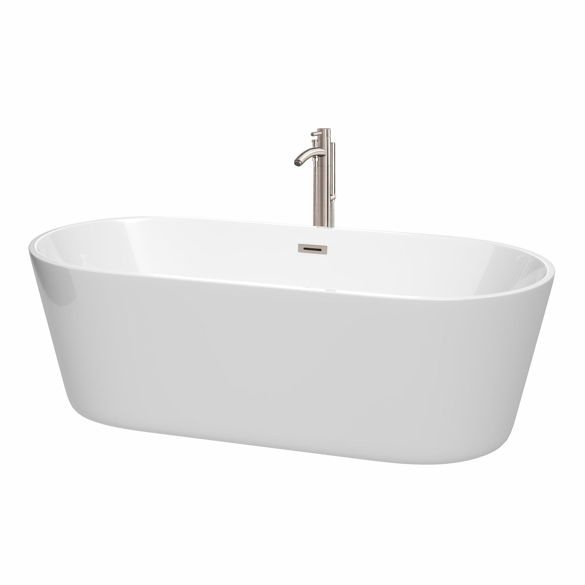 Wyndham Collection Carissa 71" Freestanding Bathtub in White With Floor Mounted Faucet, Drain and Overflow Trim in Brushed Nickel